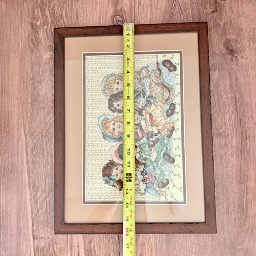 Framed Antique Doll Counted Cross Stitch Rustic Wood Frame 16x12 Handmade